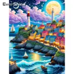 Evershine، منظر طبيعي بحري، لوحة مدينة، منارة، مربع كامل، منزل