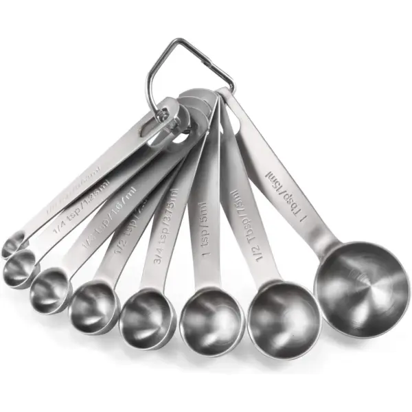 مجموعة ملاعق قياس معدنية من الفولاذ المقاوم للصدأ مكونة من 8 قطع: 1/8 tsp، 1/4 tsp، 1/3 tsp، 1/2 tsp، 3/4 tsp، 1 tsp، 1/2 tbsp & 1 tbsp