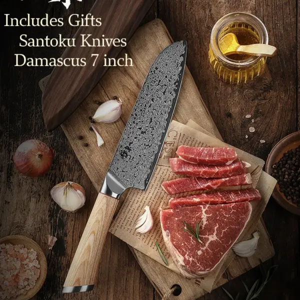 سكاكين مطبخ من الفولاذ المقاوم للصدأ من 67 طبقة باللون الذهبي عيار 10 في دمشق سكاكين للشيف مزودة بأداة تقطيع شريحة لحم السلمون من Gyuto Santoku