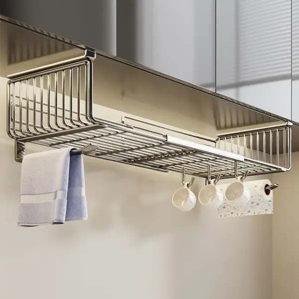رف تخزين معلق قابل للتعديل تحت الدولاب – من الاستانلس ستيل لتنظيم الأكواب، المناشف، والمناديل