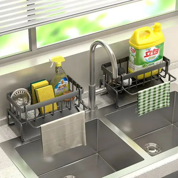 سلة تجفيف مطبخ من الفولاذ المقاوم للصدأ – حامل إسفنجة، صابون، ومنشفة بتصميم عملي وأنيق