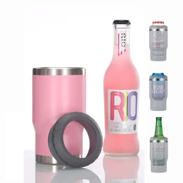 كوب سفر حراري 4 في 1 – عازل حراري للكانز والسور بيرة 12 أونص | كوب ثلج صيفي عالمي مع غطاءين مختلفين