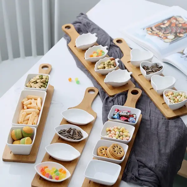 🎁 طقم صينيات فواكه خشبي سيراميك 5 قطع – تصميم إبداعي وعملي | طبق تقديم مكسرات، حلويات، وفواكه طبيعي