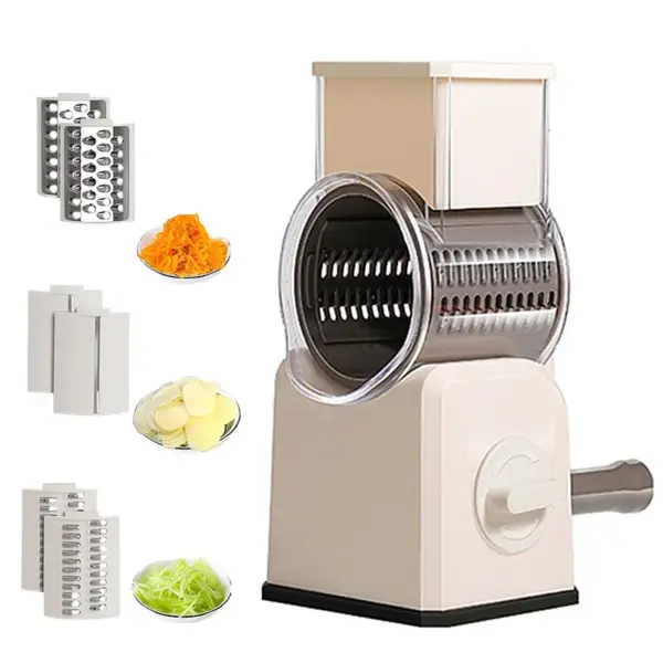 مبشرة جبن دوارة متعددة الاستخدامات | آلة تقطيع مندولين سريعة مع 3 شفرات طبل – لطحن الشوكولاتة والمكسرات