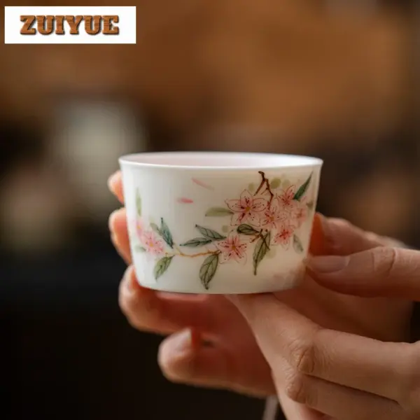 كوب شاي يدوي الرسم 100مل – كوب بتصميم زهرة الخوخ الصيني | كوب شاي أثري فاخر للمهتمين بالفن الشاي الصيني
