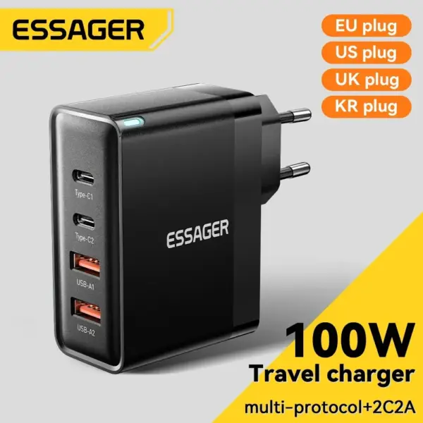 شاحن GaN USB-C PD 100W – محطة شحن متعددة المنافذ للهواتف واللابتوب