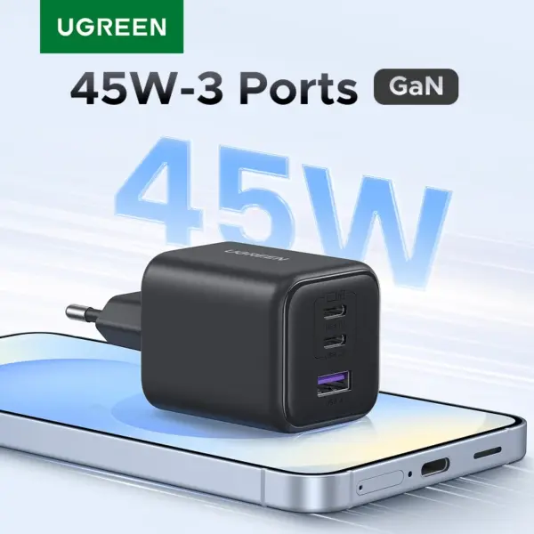 شاحن GaN 45 واط USB-C PD توزيع طاقة ذكي للهواتف والأجهزة