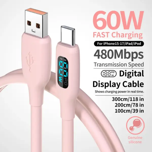 سلك شحن USB LED سيليكون سائل 3A – كابل مرن للشحن السريع ونقل البيانات للأجهزة الذكية
