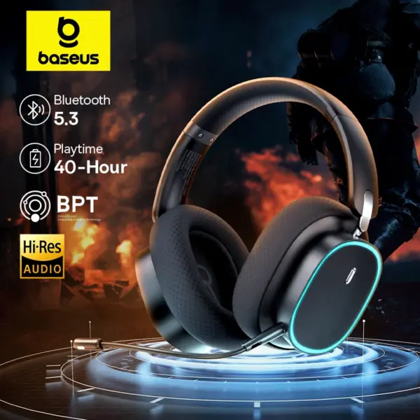 سماعات ألعاب لاسلكية احترافية بلوتوث 5.3 صوت محيطي 40mm ميكروفون واضح وإضاءة RGB