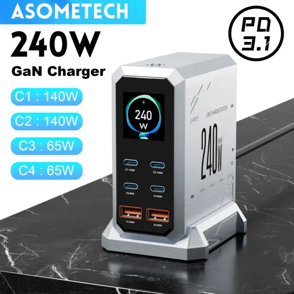 شاحن GaN مكتبي 240 واط USB-C PD محطة طاقة احترافية للابتوب والهواتف