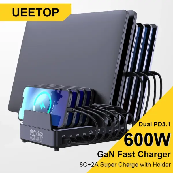 شاحن مكتبي GaN USB-C PD 3.1 600W – متعدد المنافذ شحن فائق القوة للهواتف واللابتوب