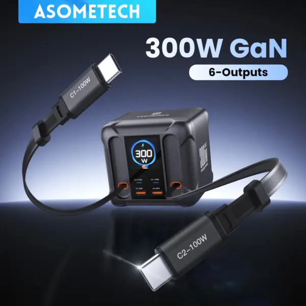 شاحن GaN 300W USB-C PD مكتبي – محطة طاقة متعددة المنافذ للهواتف واللابتوب